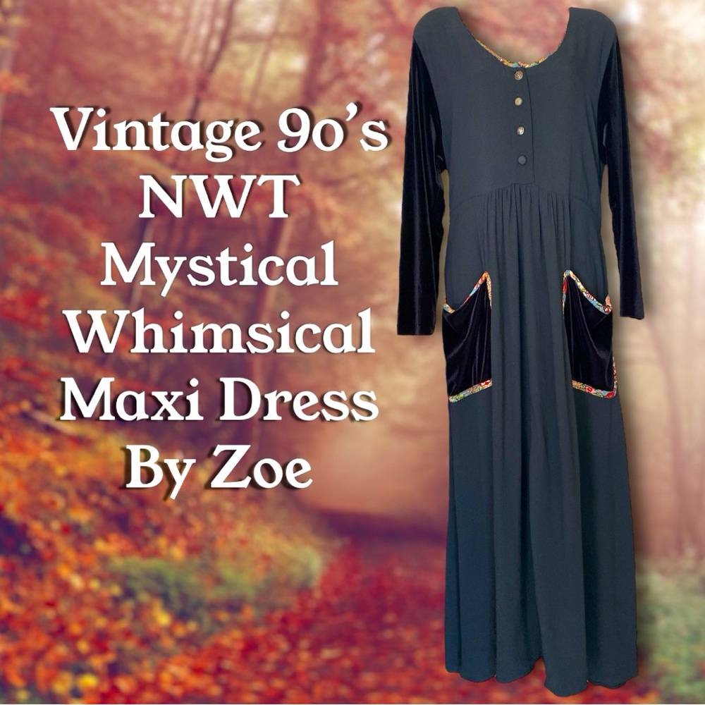 Vintage 90s‎ NWT Black Whimsical Mystical Maxi Dress By Zoe With Velvet Sleeves